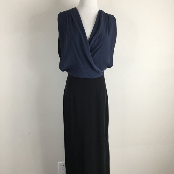 RAOUL Black Blue 100% Silk Pleated V Neck Ruching Shoulder Slit Hem Dress - Picture 6 of 13
